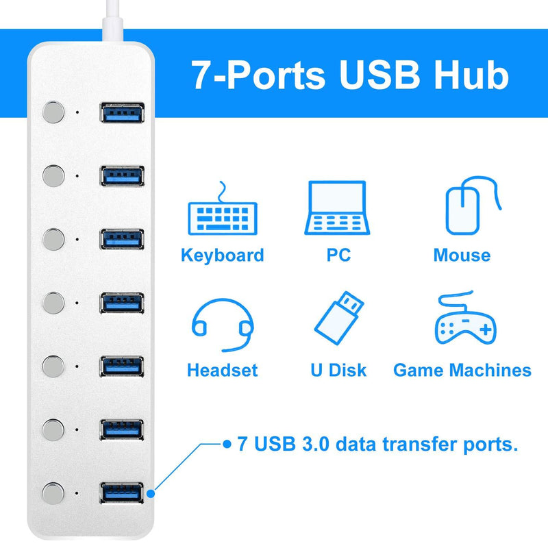 TCNEWCL 7-Port Powered USB 3.0 Hub, Aluminum Data Hub Splitter with Individual Switches and 5V/2A Power Adapter for PC Laptop silver