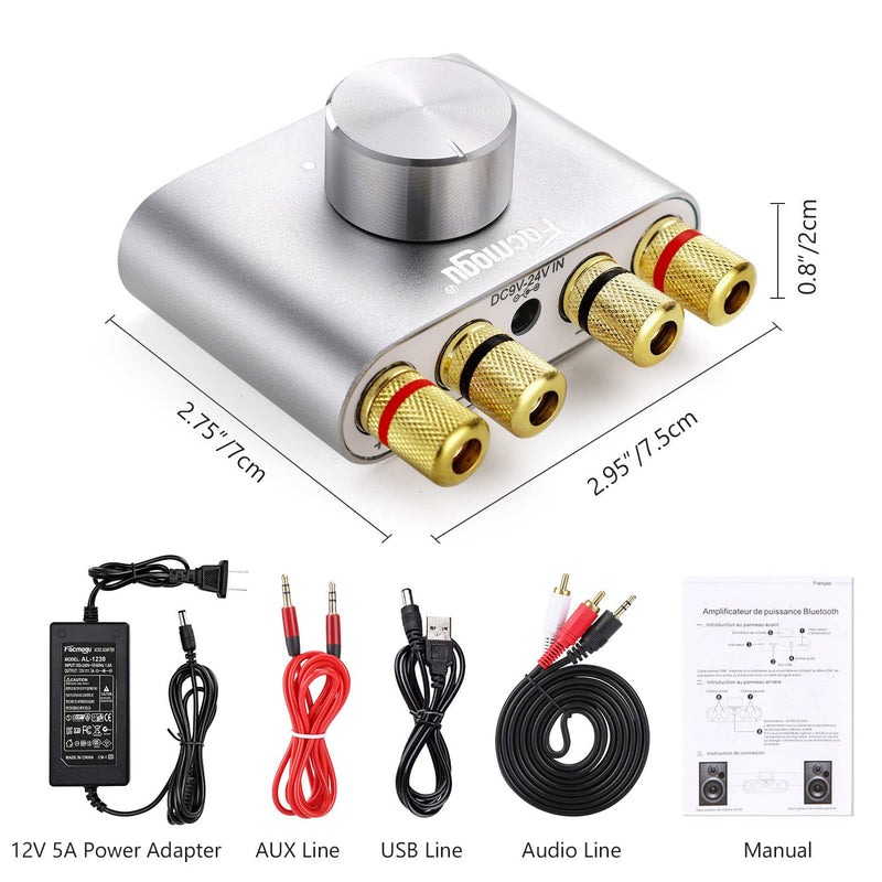 Facmogu F900S Mini Bluetooth 5.0 Power Amplifier 80W+80W, Wireless Stereo Hi-Fi Digital Audio Receiver with Power Supply 12V 5A Power Adapter, 2 Channel w/ AUX USB BT Input (Silver) Silver