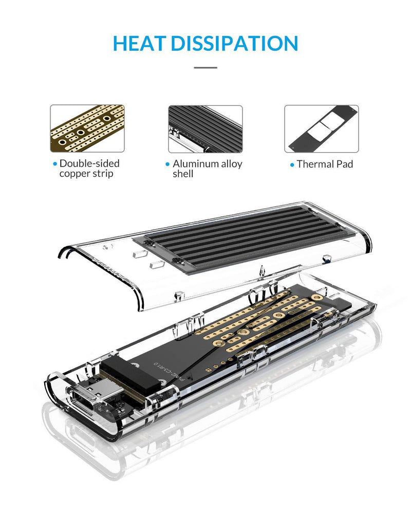 ORICO NVME M.2 to Type-C USB3.1 Gen2 10Gbps Transparent External Hard Drive Adapter Enclosure for 2280 2260 2242 2230 PCI-E M2 M-Key SSD, USB Type C Converter Case (TCM2-Black) Black