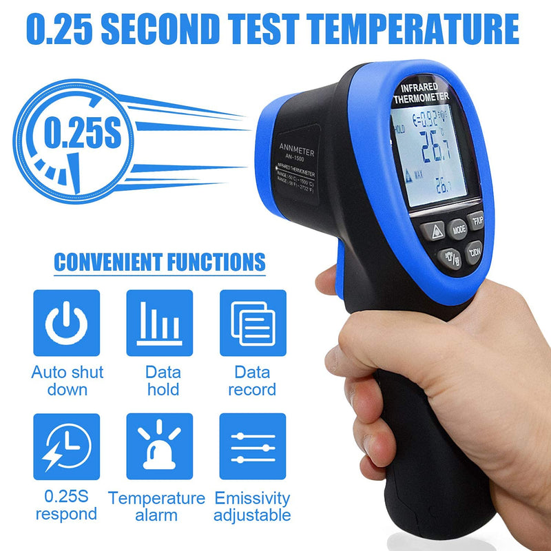 Digital Infrared Thermometer - Non Contact High Temperature Gun ANNMETER AN-1500 Infra Pyrometer Temp Gauge -58~2732℉ Handheld IR Laser Reader for Cooking Kiln HVAC (NOT for Human Temp) Blue