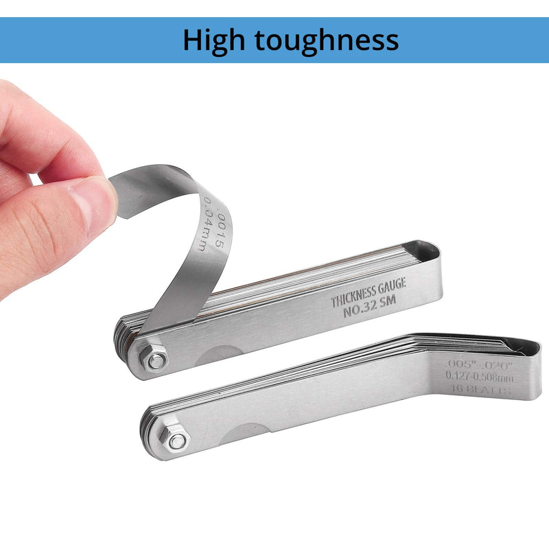 CAMWAY 2Pcs Feeler Gauge Set Stainless Steel Metric/Inch 32 Straight Blade Steel Feeler Gauge,16pcs Feeler Gauge and 45º Blades Offset for Measuring Gap Width/Thickness Measuring Tools Straight&45º Blades Offset