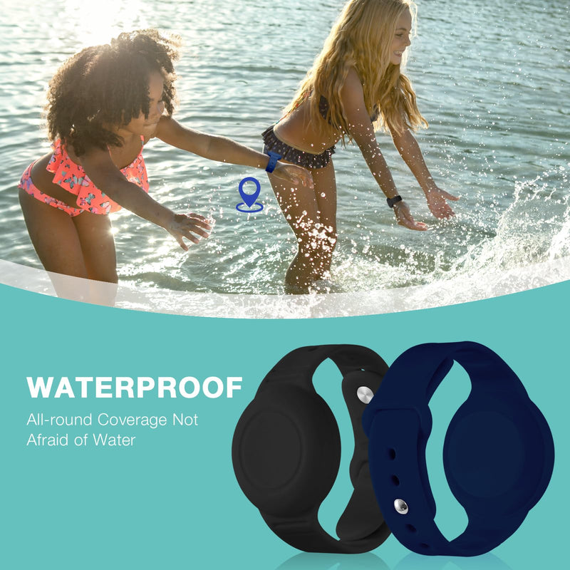 Waterproof Airtag Bracelet for Kids(2 Pack) - Soft Silicone Air tag Wristband Kids Full Case Cover Compatible with Apple Airtag, Lightweight GPS Tracker Holder for Kids Black/NavyBlue