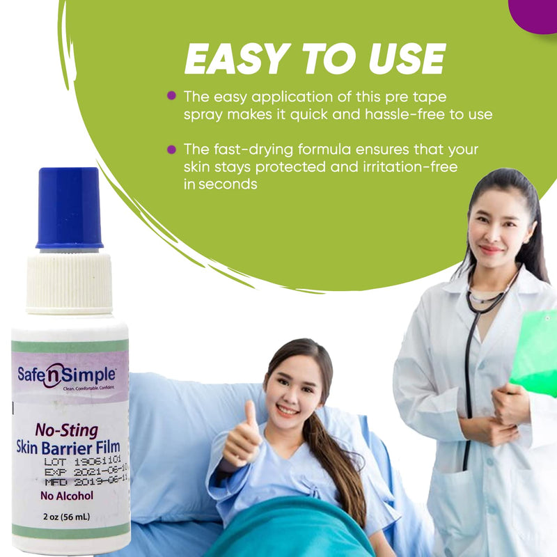 Safe n' Simple No Sting Barrier Film Spray, Odor-Free Pre Tape Spray, No-Alcohol Skin Prep Spray, 2 Ounce Spray Bottle, (SNS80792)