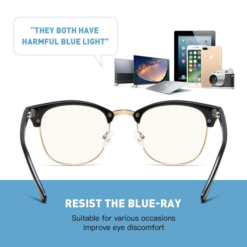 AOMASTE Blue Light Blocking Glasses Retro Semi Rimless UV400 Clear Lens Computer Eyewear For Men Women C1 Bright Black Gold Frame