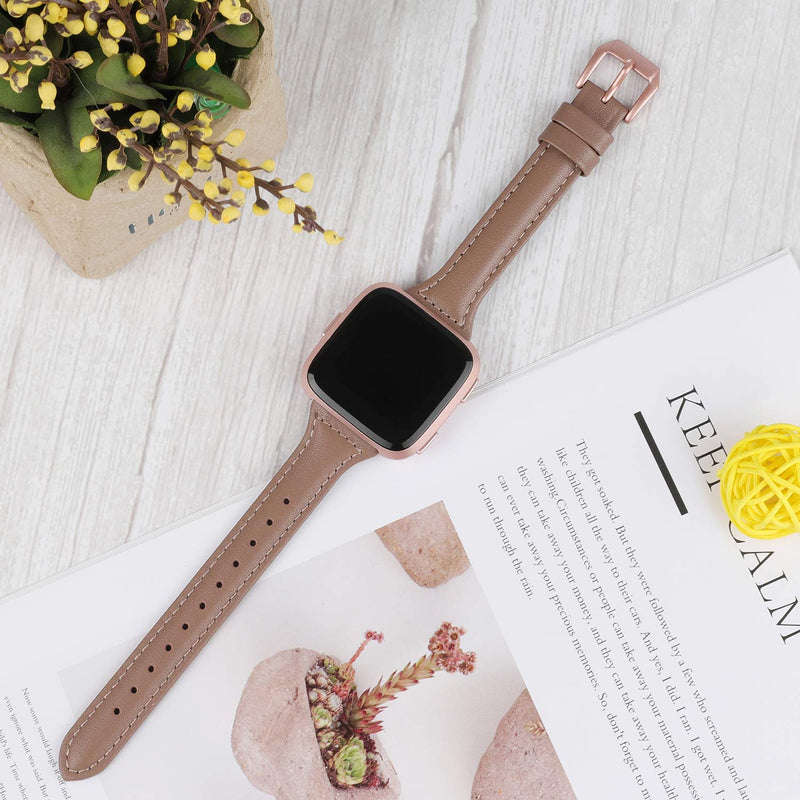 TOYOUTHS Leather Strap Compatible with Fitbit Versa/Versa 2 Bands Women Men Slim Genuine Leather Wristbands Replacement for Versa Lite Edition/Versa SE Classic Accessorie Multi Colors Pink Gray+Rose Gold Buckle