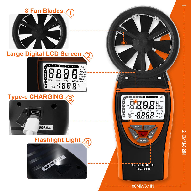 Handheld Wind Meter Digital Anemometer 0.3~30m/s Wind Speed Meter, GR-8808, Temperature for Navigation, Sailing Competition, Various Fan Manufacturing Industries, Data Storage