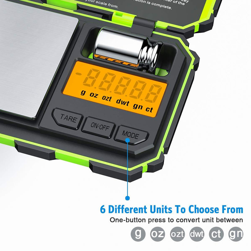 (Upgradaed) Brifit Digital Mini Scale, 200g /0.01g Pocket Scale, 50g calibration weight, Electronic Smart Scale, 6 Units, LCD Backlit Display, Tare, Auto Off, Stainless Steel (Battery Included) Green