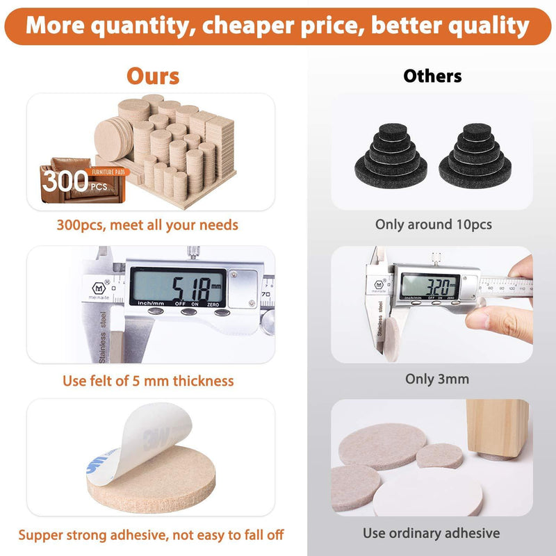 Furniture Pads 300 Pack Premium Furniture Felt Pads (Beige), Huge Quantity Self Adhesive Felt Pads, Anti Scratch Floor Protector for Furniture Legs Hardwood Floor with 60 Cabinet Door Bumpers Beige