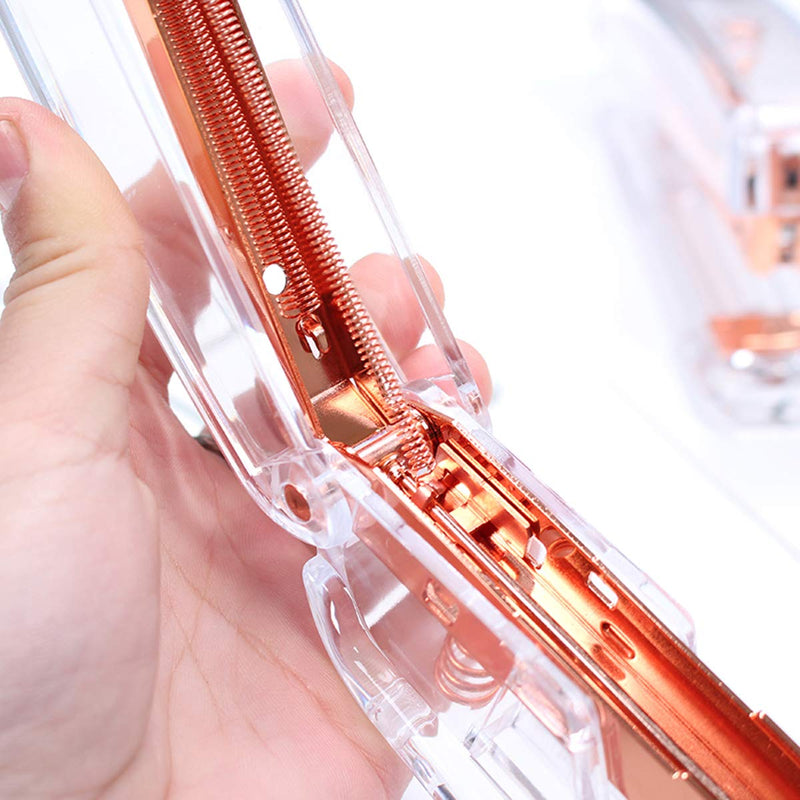 Rose Gold Desk Accessories Set - Transparent Rose Gold Acrylic Desktop Stapler with 1000 PCS Rose Gold Staples and 15 Pieces Blinder Clips for Home School Office Supplies Stationery Desk Accessory