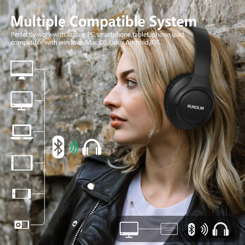 RUNOLIM Bluetooth Headphones Over Ear,Wireless Headphones with Microphone, 55 Hours Playtime Hi-Fi Stereo Sound Lightweight Foldable Headset for Cellphone PC Tablet Laptop, Black