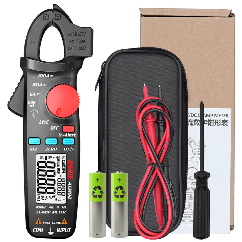 DC Current Clamp Meter 6000 Counts Auto-Ranging Digital Ammeter Amp Ohm Hz Live Check V-Alert Voltage Tester with Back Clip ACM92