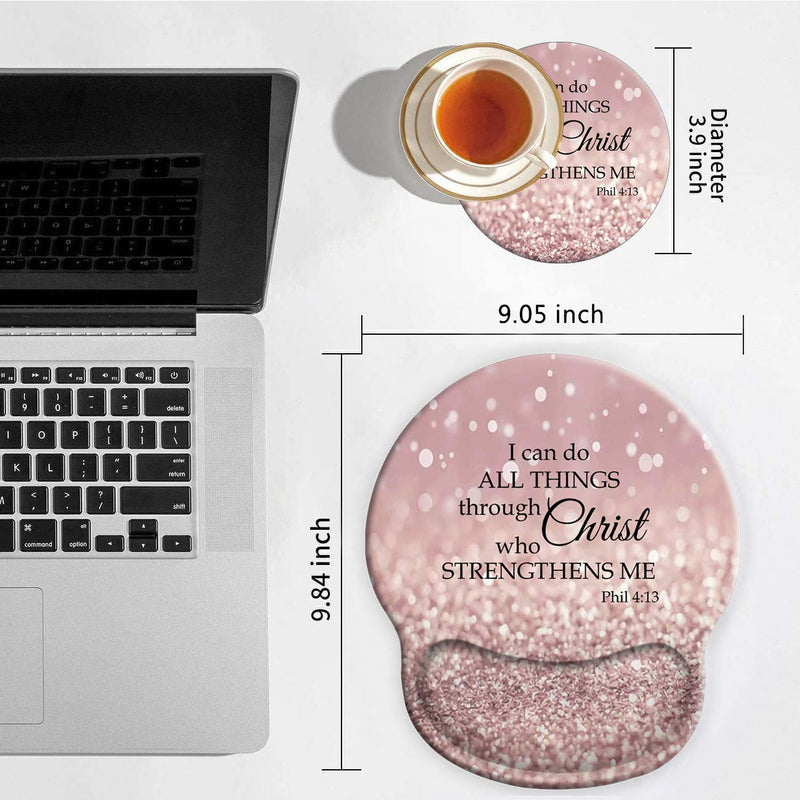 Mouse Pad Wrist Rests Support, Non Slip Mousepads with Gel Cushion Wrist Support, & Cute Coasters Bible Philippians 4-13 I can do All Things Through Christ who Strengthens me(Rose Gold Glitter)