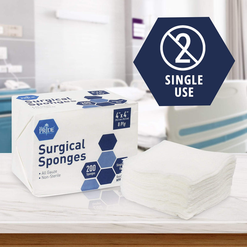 Medpride Surgical Sponges 200 Pack –Gauze Pads Non sterile -First Aid Wound Care Dressing Sponge – Woven Medical Nonstick, Non Adherent Mesh Scrubbing Bandages – Disposable, Absorbent 4'' x 4'', 8 ply