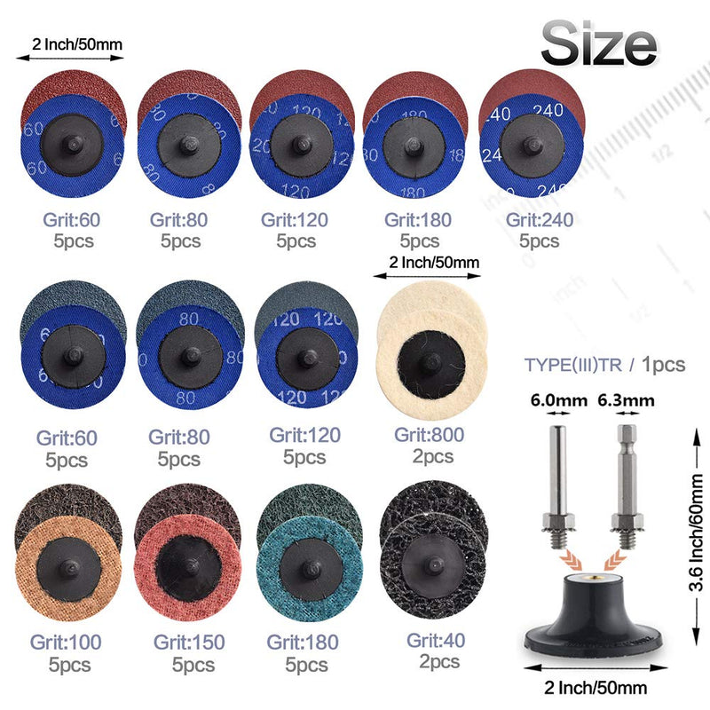 NYXCL 60Pcs Sanding Discs Set, 2 inch Quick Change Sanding Discs with 1/4" Holders, Die Grinder Surface Conditioning Burr Rust Paint Removal 60Pcs Quick Change Discs 2 Inch(A/O main)