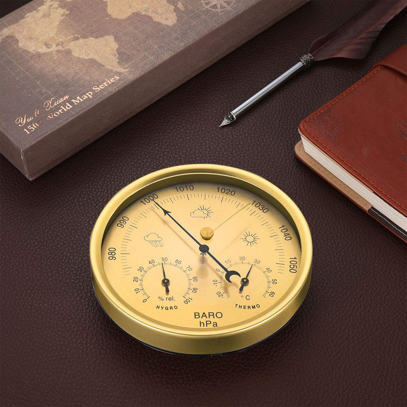 Yardwe Precision Aneroid 3 in 1 Barometer Weather Station Barometer Thermometer Hygrometer for Indoor and Outdoor Use with Stainless Steel Frame (Yellow)