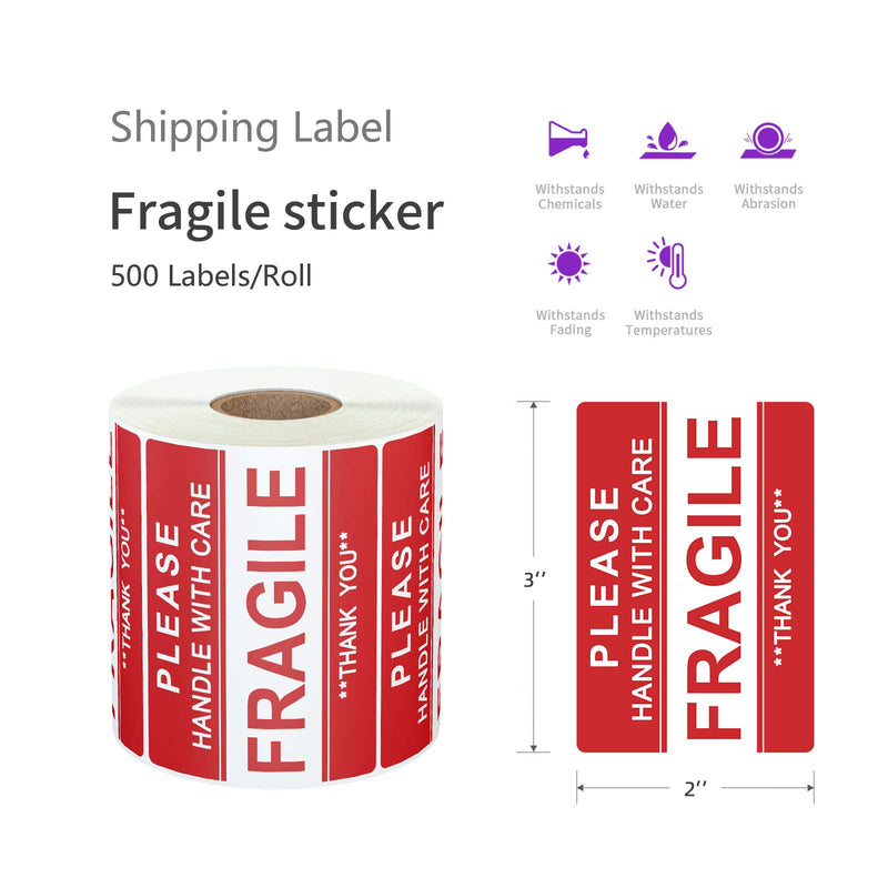 AveneMark Fragile Warning Thank You Labels Stickers for Shipping|Moving|Packing 2" x 3" Handle with Care Labels, Permanent Adhesive, Red (500 Labels, 1 Roll)