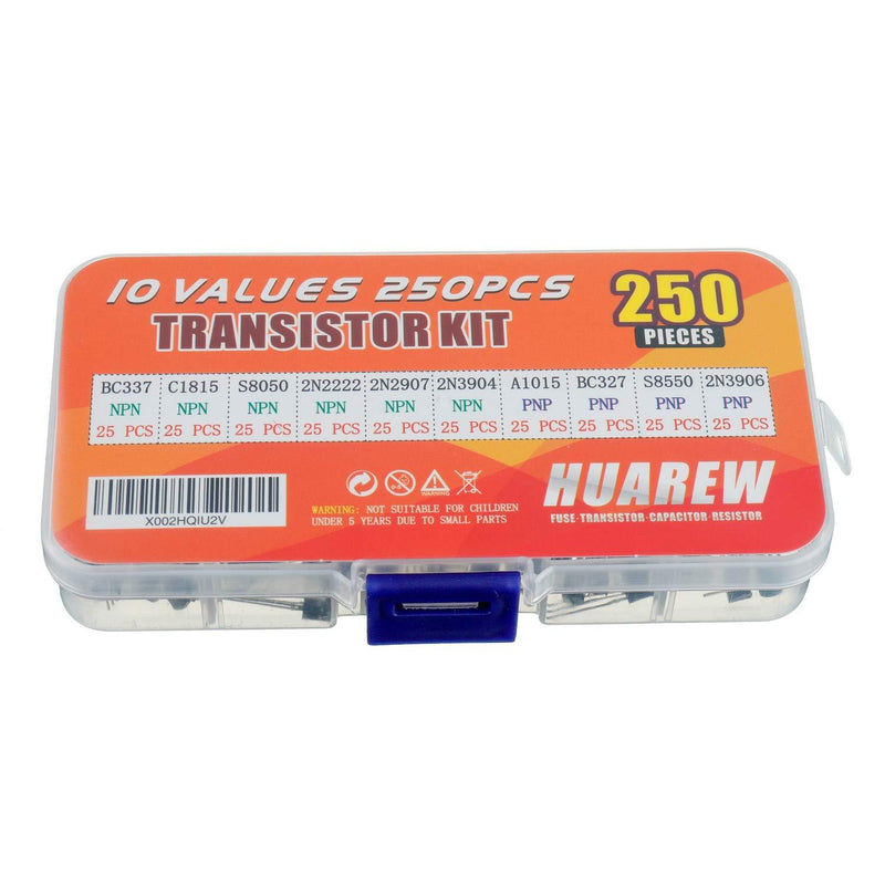 HUAREW 10 Values 250 Pcs Transistors NPN BC337 C1815 S8050 2N2222 2N2907 2N3904 PNP A1015 BC327 S8550 2N3906 BJT Bipolar Junction Transistor Assortment Kit