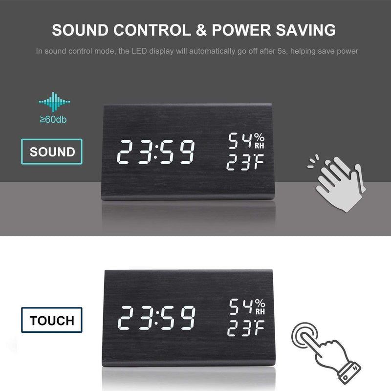 Digital Alarm Clock, with Wooden Electronic LED Time Display, 3 Alarm Settings, Humidity & Temperature Detect, Wood Made Electric Clocks for Bedroom, Bedside… (Black) Black