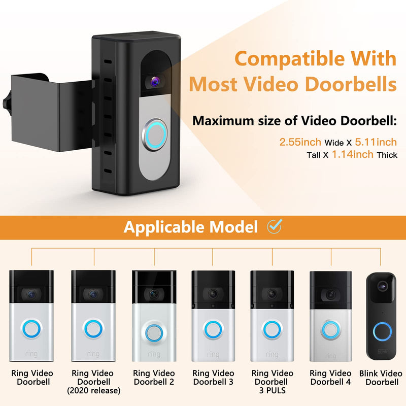 QIBOX Anti-Theft Video Doorbell Mount Compatible with Video Doorbell 4/3/3 Plus/2/1/(2020 Release), Adjustable No-Drill Mounting Bracket Wedge Adapter Holder Accessories for Home Rentals Office Room Black