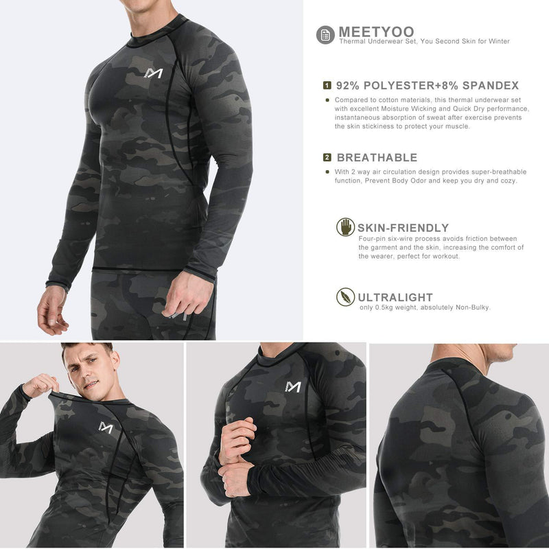Men’s Thermal Underwear Set, Sport Long Johns Base Layer for Male, Winter Gear Compression Suits for Skiing Running Camo Small