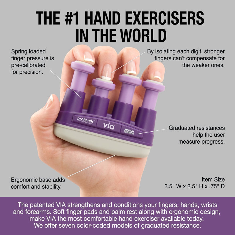 PROHANDS VIA Hand Exerciser, Finger Exerciser (Hand Grip Strengthener), Spring-Loaded, Finger-Piston System, Isolate and Exercise Each Finger 6 lb (Medium Tension) Purple - Via
