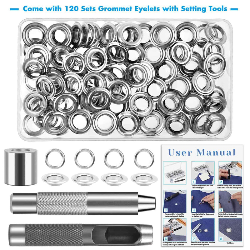 Grommet Kit, Cridoz 120 Sets Grommet Kit 1/2 Inch Grommets Eyelets with Tools and Storage Box