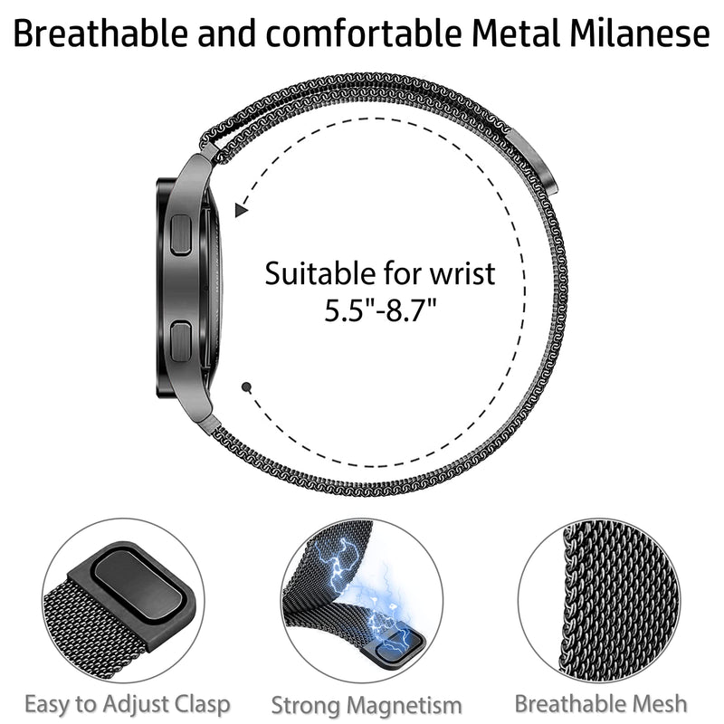 3 Packs Soft Metal Milanese Samsung Watch 4/5 Band, Mesh Loop 20mm Super Breathable & Comfortable band, Compatible with Samsung Galaxy Watch 5/Watch 5 Pro/Galaxy Watch 4/Active 2/ Watch 3 41mm Black / Colorful / Silver