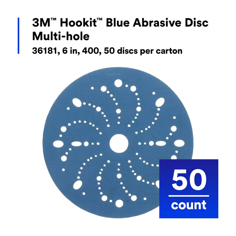 Hookit 3M Blue Abrasive Discs 36181, Multi-Hole, Primer Sanding, E-Coat Sanding, Paint Preparation, 6 in, 400 Grade, 50 Discs/Carton, One Size