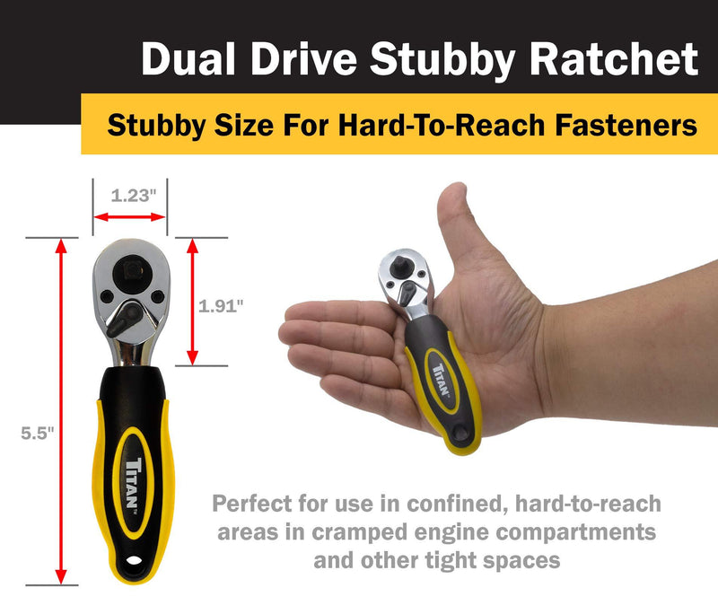 Titan 11050 1/4-Inch and 3/8-Inch Dual Drive x 5-1/2-Inch 72-Tooth Dual Head Stubby Ratchet 1/4 and 3/8in Stubby