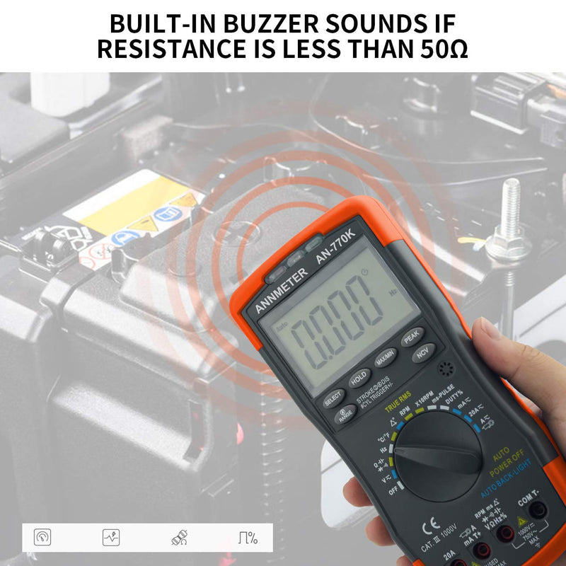 Digital Multimeter Engine Analyzer, Auto-Ranging 6000 Counts Voltage Meter, Volt Ohm Amp DMM Tester, Injection Pulse, Dwell Angle, RMP Tester for Automotive Professionals (ANNMETER AN-770K)