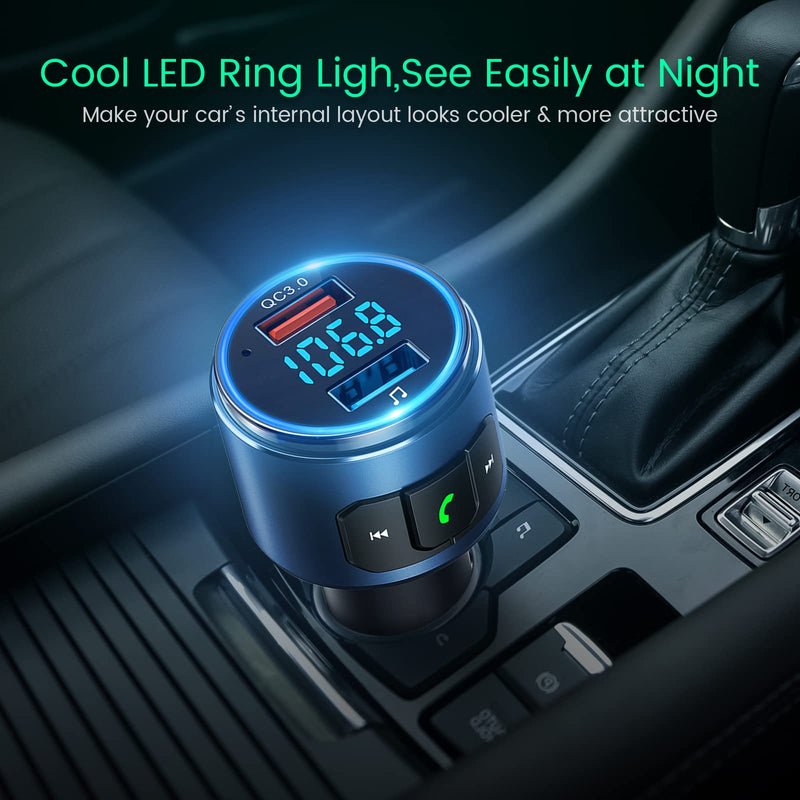 Octeso 2022 V5.0 Bluetooth FM Transmitter for Car, QC3.0 Wireless Bluetooth FM Radio Adapter Music Player/Car Kit with Hands-Free Calls, Siri Google Assistant, LED Backlit Blue