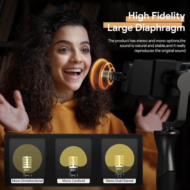 PALOVUE Portable MFi Certified Microphone with Lightning Connector for iPhone iPad, Professional Digital Stereo Cardioid Condenser Mic with Charging Port and 3.5mm Headphones Jack for Recording