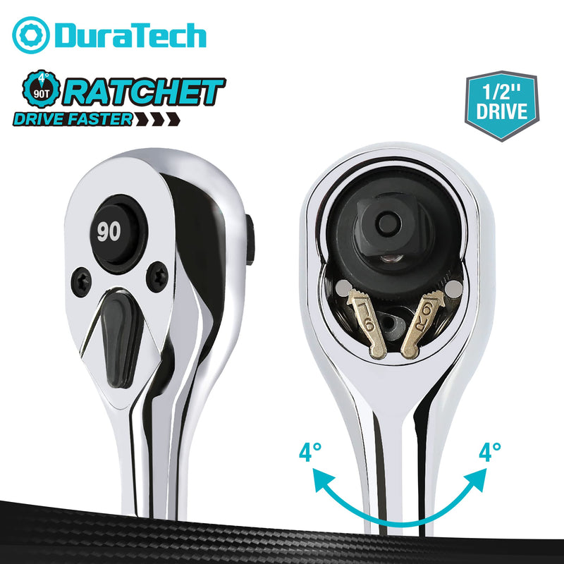 DURATECH 1/2-Inch Drive Ratchet Handle, Ratchet Wrench, Socket Wrench, 90-Tooth, Quick-release Reversible, Chrome Alloy Made 1/2''