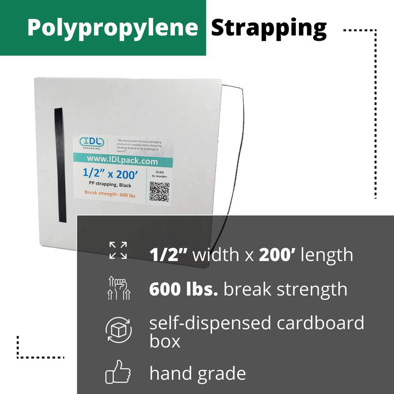 IDL Packaging - PP12.600 1/2" x 200' Polypropylene (PP) Strapping Roll in Self-Dispensed Box, 600 lbs Break Strength - Poly Banding Packing Straps 1/2" x 200' - 600 lbs Break Strength