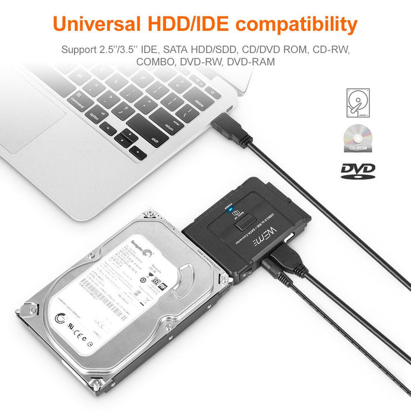 WEme USB 3.0 to SATA IDE Adapter with Universal 2.5" 3.5" Hard Drive Disk Converter for HDD SSD and IDE HDD, Support 12TB and One-Touch Backup, Include 12V 2A Power Adapter and USB 3.0 Cable for Laptop USB3.0 to SATA+IDE adapter