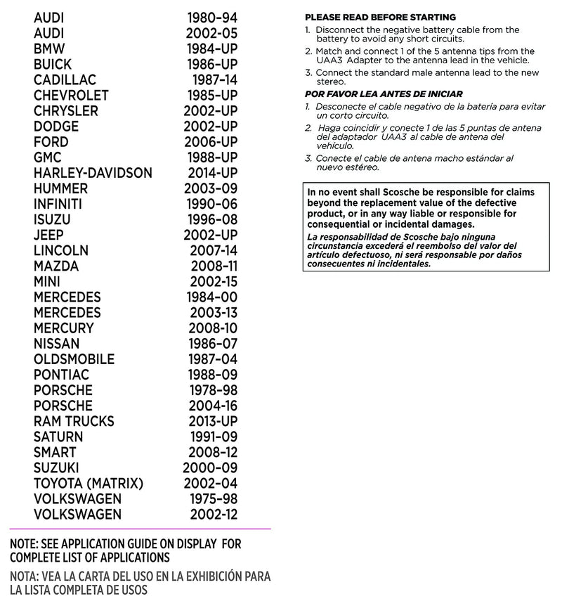 SCOSCHE Multi-Vehicle All-In-One Antenna Adapter UAA3 Standard Packaging