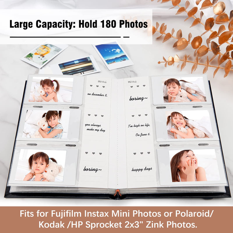Photo Album for Fujifilm Instax Mini Camera, Polaroid Camera, Instax Photo Album with Memo Areas Mini Polaroid Photo Album Book 180 Pockets for Fujifilm Instax Mini 11 9 8 40 Evo Instant Camera, Black