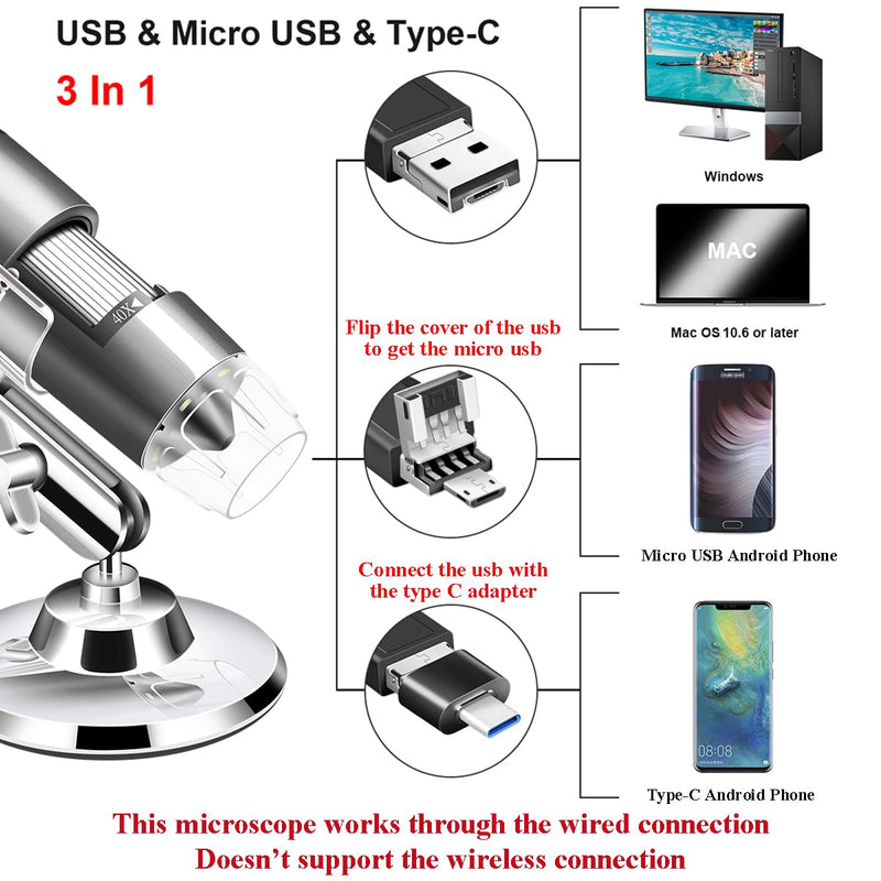 Cainda USB Microscope Camera 40x to 1000x Digital Microscope with Metal Stand and Carry Case Compatible with Android Windows 7 8 10 11 Linux Mac Portable Microscope Camera for Kids Gray