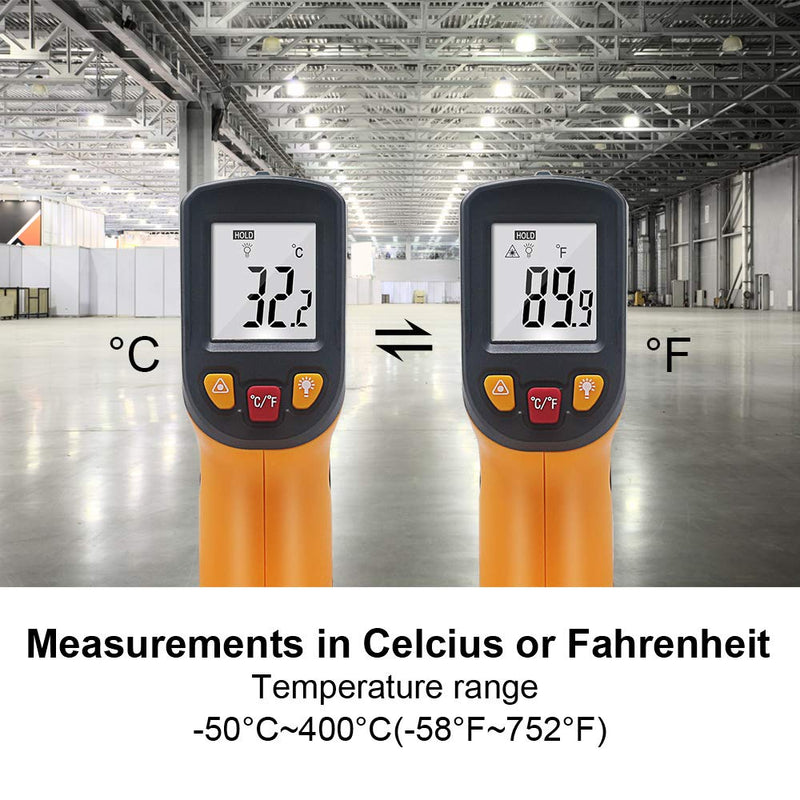 KETOTEK Infrared Thermometer Laser Digital IR Pyrometer Non-Contact Temperature Gun -50°C to 400°C Temperature Meter for Cooking Barbecue Freezer Industry Food Orange