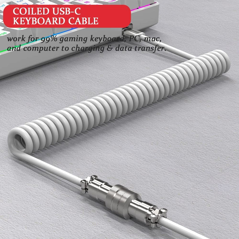 Coiled Keyboard Cable for Gaming Custom Keyboard,Double-Sleeved Coiled USB C Cable with Detachable Metal Aviator,2 in 1 USB C to A and C Cable for Mechanical Keybaord,Printer,Phone,Ipad,Xbox-White White