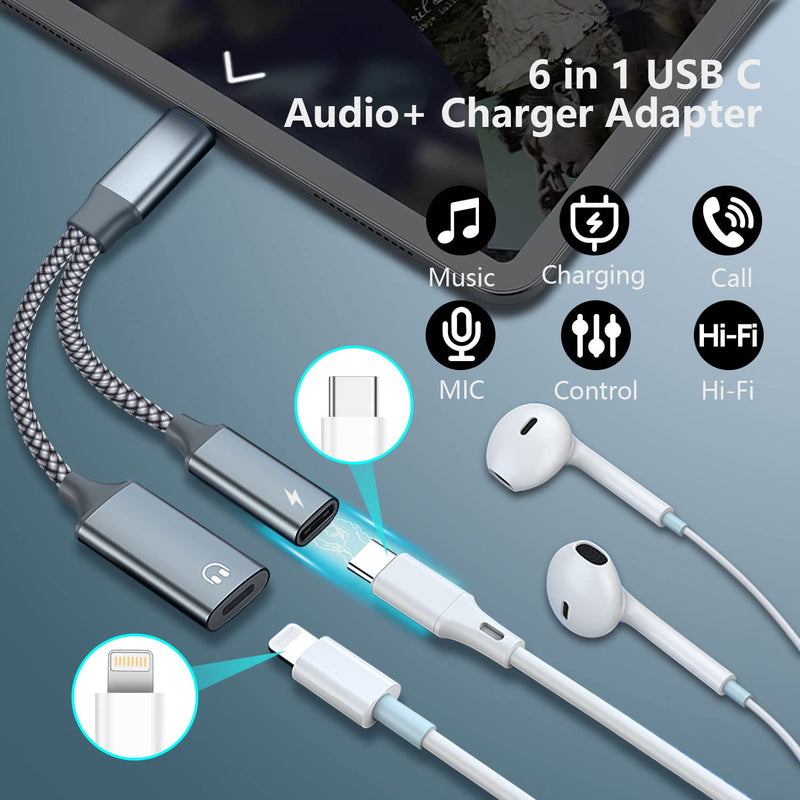 USB C to Lightning Audio Adapter, USB Type C Male to Lightning Female Headphones Converter & PD 60W Charging Dongle Compatible with iPad Pro 2021/2022, iPad Air 2020/2022, MacBook, Galaxy S23/S22/S21 Grey