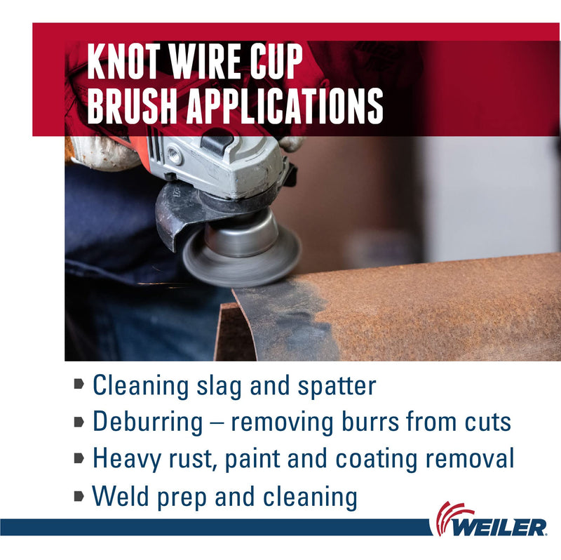 Weiler 13025 2-3/4" Single Row Knot Wire Cup Brush, .014" Steel Fill, 5/8"-11 Unc Nut, Made in the USA 2-3/4" Dia .014" Wire Size x 1" Trim Length
