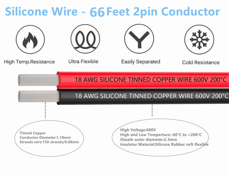 18awg Electrical Wire - Flexible Silicone Wire 2 Conductor Parallel Wire (Black 66ft Red 66ft) Stranded Wire Electronic Hook up Wire 2PIN-18AWG-200FT
