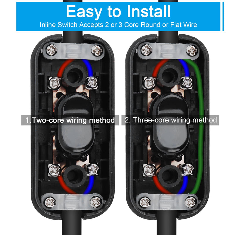 Pack of 2 inline switches, intermediate switches, cable switches, 2-wire and 3-wire supply lines, for all types of electric lamps, table lamps (black) black