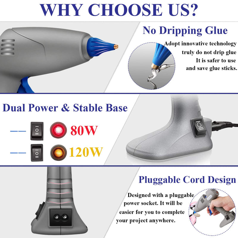 Hot Glue Gun, Upgrade Glue Gun No Dripping 80 & 120W, BLEDS Stand-Up Hot Melt Glue Gun Kit Full Size Dual Temperature With 12 Glue Sticks for Craft, Creative, Office, Decoration, DIY, Quick Repairs