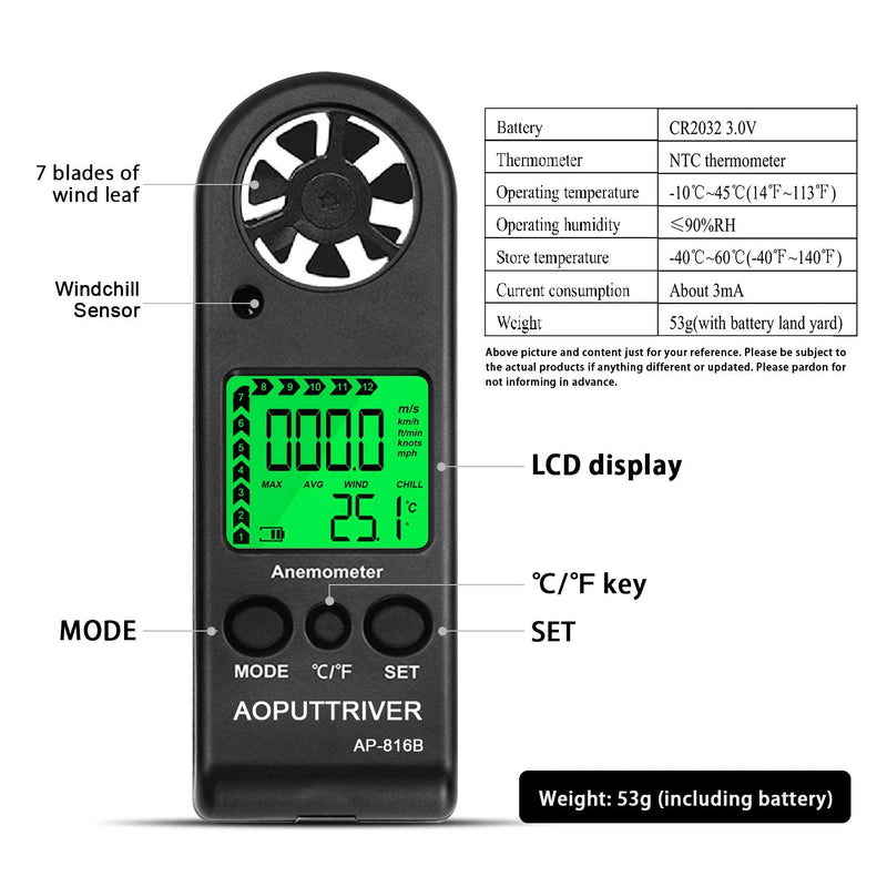 Anemometer Handheld Wind Speed Meter for Measuring Wind Speed Temperature and Max/Average/Current, High Precision Anemometer Measuring for Windsurfing Sailing Fishing Outdoor Activities 816B(Pocket Anemometer)