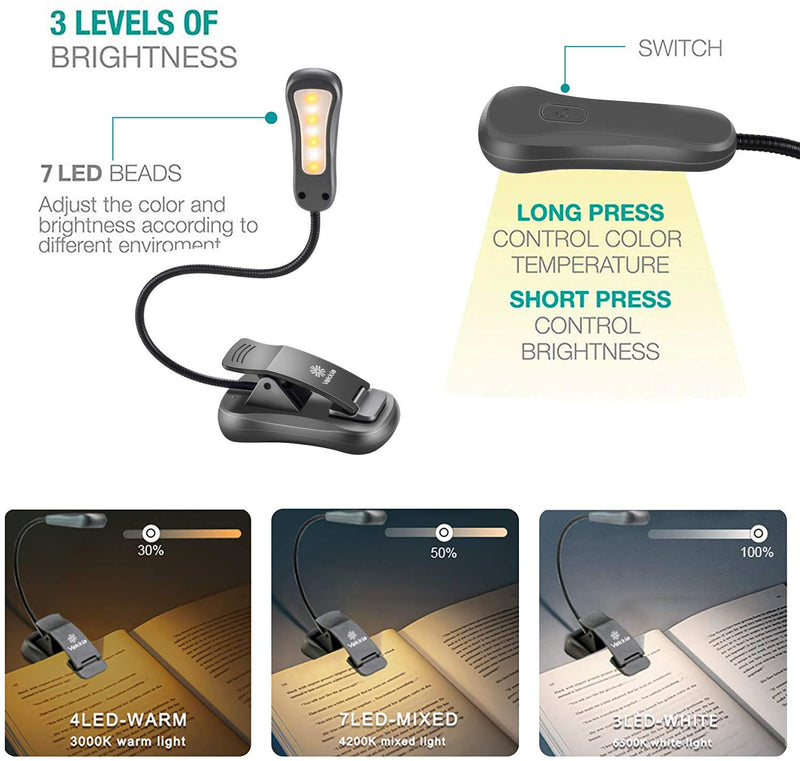 Vekkia Rechargeable-Book-Light-for-Reading-in-Bed, 7 LED 3 Color x 3 Brightness, Lightweight Reading-Light for Readers, Kids & Travel (Iron) Iron