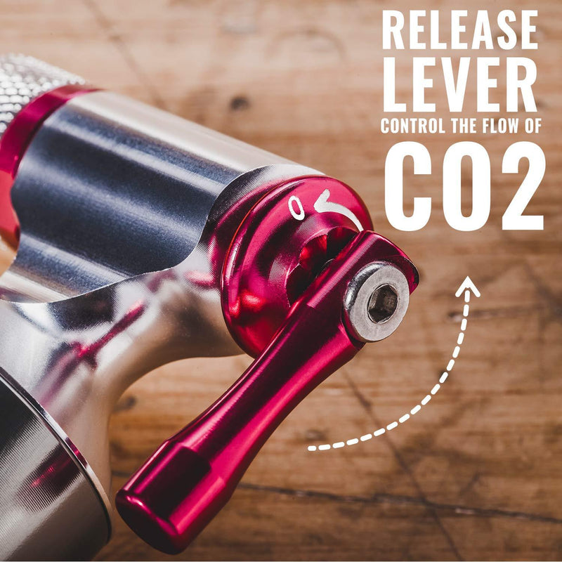PRO BIKE TOOL CO2 Inflator with Cartridge Storage Canister - Quick, Easy and Safe - for Presta and Schrader - Bicycle Tire Pump for Road and Mountain Bikes - No CO2 Cartridges Included Titanium / Red