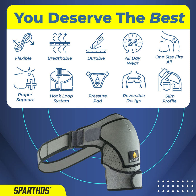 Sparthos Shoulder Brace - Support and Compression Sleeve for Torn Rotator Cuff, AC Joint Pain Relief - Arm Immobilizer Wrap, Ice Pack Pocket, Stability Strap, Dislocated Sholder - for Men and Women Universal Gray/Black