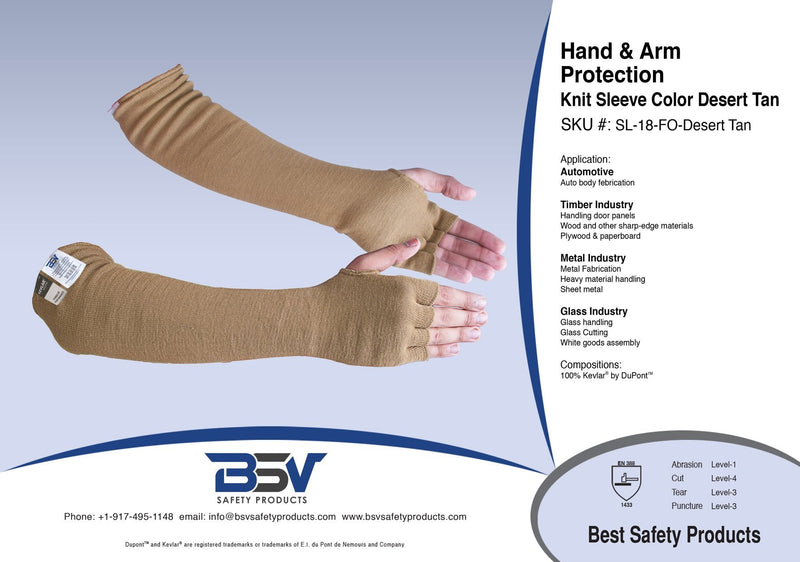 BSV Kevlar Protective Sleeves- Heat, Scratch, Cut & Knife Resistant Arm Sleeve with Finger Opening - Arms Safety Sleeves- Long Arm Guard Protector for Work- Bite Proof- 18 Inches, Desert Tan, 1 Pair